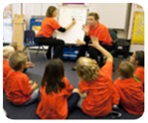 Classroom kids looking at teacher and sign language interpreter